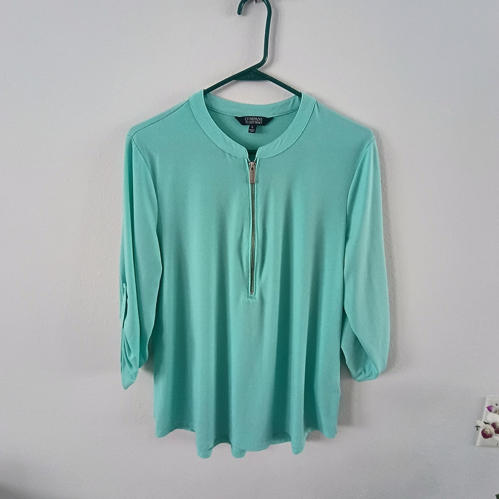 Company Ellen Tracy Aqua Zip Neck Blouse Roll Tab Sleeve Stretch Top L